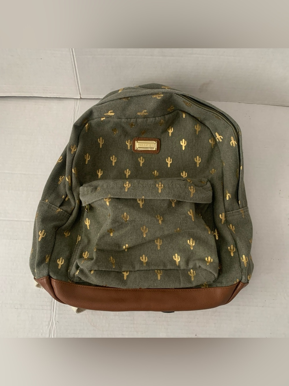 Madden Girl Green Gold Cactus Faux Leather Accent Cotton Backpack School Pockets